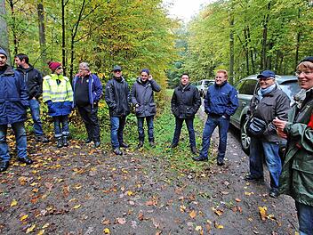 Im Gemeindewald sah sich der Maßbacher Marktgemeinderat vor seiner jüngsten Sitzung um. Rechts Försterin Ute Kerschbaum von der Forstbetriebsgemeinschaft Fränkische Rhön und Grabfeld, die Erläuterungen gab.  Foto: Dieter Britz