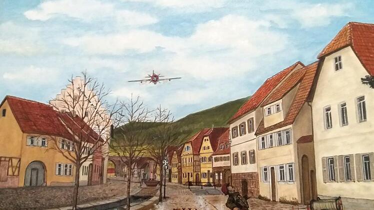 Adam Schneider stirbt am 4.4.1945 - getroffen von den Bordkanonen der Jagdflieger / Gemälde von Holger Wörner