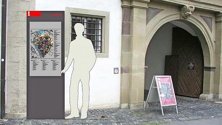 Auf dieser Fotocollage ist zu erkennen, welche Größe die neuen, zentralen Ortstafeln bekommen und welche Optik sie einmal haben werden.  Fotomontage: Architekturbüro Schröder