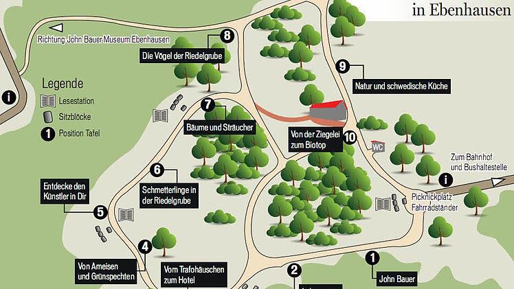 Wegweiser durch die Riedelgrube. Grafik: Franziska Schäfer/Quelle: Erlebnisweg Riedelgrube