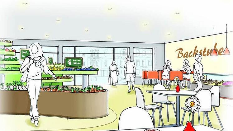 In der Mitte der Markthalle soll es einen bestuhlten Bereich geben, in dem jeder Kunde essen und trinken kann. Foto: privat