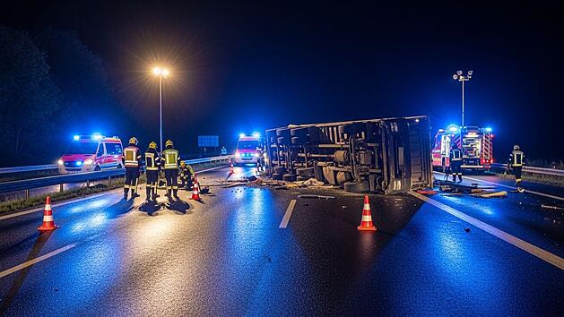Schwierige Bergungsarbeiten nach Lkw-Unfall auf A7 bei Bad Kissingen