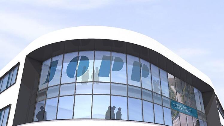 Mit einer au&szlig;ergew&ouml;hnlichen Form wird das neue Entwicklungszentrum der Firma Jopp ein architektonisches Aush&auml;ngeschild f&uuml;r Bad Neustadt sein.       Architekturb&uuml;ro Kriesche