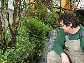 Michael Franz blickt auf den Bach, der sich durch seinen Garten schlängelt. 2002 trat dieser über die Ufer, das Wasser stand so hoch, wie der Putz an der Hauswand (links im Bild) abgetragen ist. Foto: Corinna Igler
