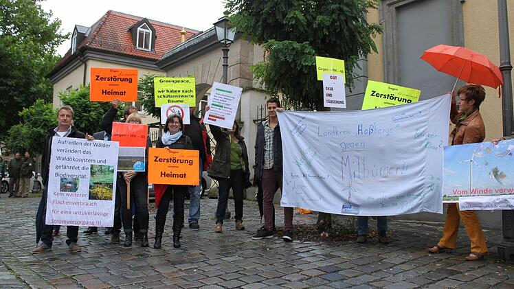 Während in der Stadthalle Haßfurt etwa 120 Zuhörer Vorträge zum Thema "Die Energiewende in der Praxis" hörten, demonstrierten draußen Mitglieder der Bürgerinitiative "Gegen WK 88" gegen den Bürgerwindpark im Sailershäuser Wald.