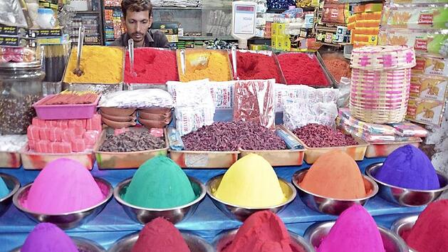 Dieses Bild aus der bunten Multivisionsschau zeigt einen farbenprächtigen Gewürzstand auf einem Markt in Goa. Foto: Alex Brand