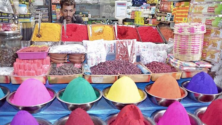 Dieses Bild aus der bunten Multivisionsschau zeigt einen farbenprächtigen Gewürzstand auf einem Markt in Goa. Foto: Alex Brand