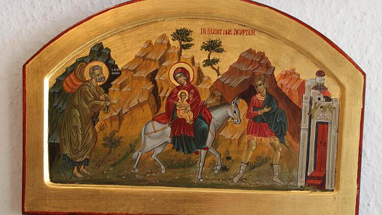 Diese Ikone erzählt die Flucht der Heiligen Familie nach Ägypten.