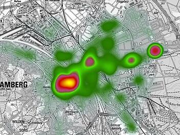 Die Kriminalitätsbelastung in Bamberg im Jahr 2017.  Deutlich  sind Schwerpunkte in der Innenstadt und im östlichen Stadtgebiet zu erkennen.  Darstellung: Polizeipräsidium Oberfranken
