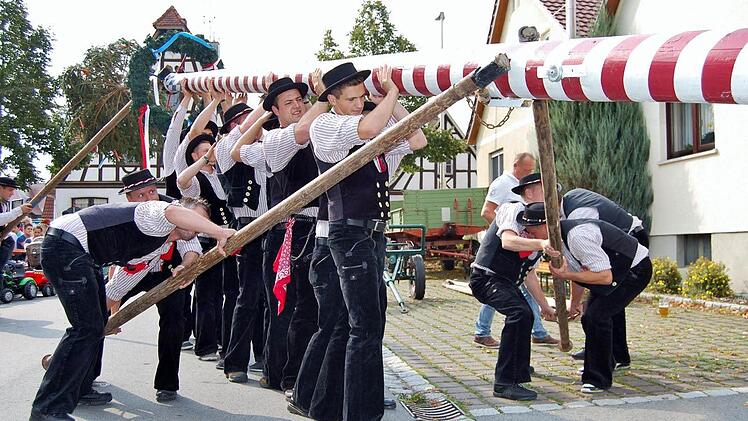 Hau ruck: Die starken jungen Männer aus Steinach richteten den Kirmesbaum auf. Fotos: Sigismund von Dobschütz