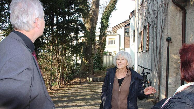 Dorothea Langenbuch (Mitte) versucht Bauamtschef Gerhard Zedler und CSU-Stadträtin Mathilde Hartmann davon zu überzeugen, dass die Esche und die Eiche (im Hintergrund) von dem Grundstück in der Schönbornstraße verschwinden sollten. Foto: Roepert
