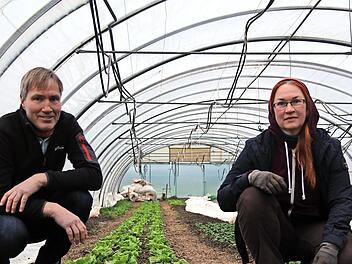 Gärtnerin Eva Fitzek und Michael Stromer freuen sich im Gewächshaus in Wolfsloch, wieder Ernteteile auszugeben.