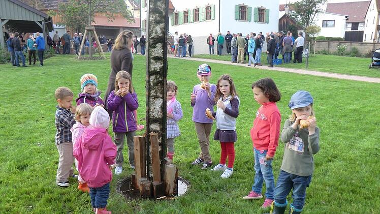 Aufstellen des Maibaumes am Gemeindehaus (im Hintergrund) im vergangenen Jahr.  Foto: Günther Straub