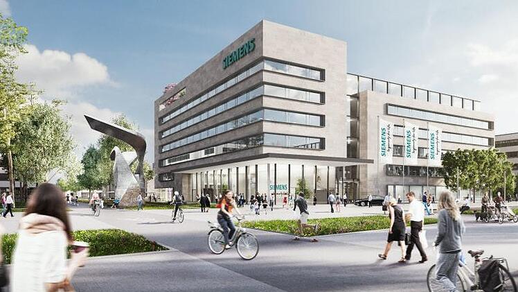 Die Lobby im Empfangsgebäude des Siemens-Campus (oben) und das Gebäude von außen Fotos: Siemens