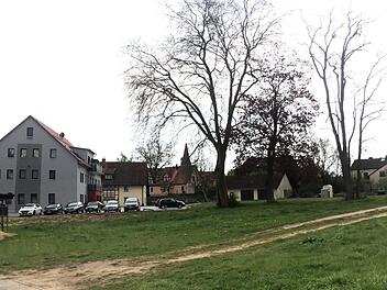 Das Areal hinter dem Rathaus und dem Ärztehaus, das neu gestaltet werden soll. Vor allem sieht man auch die drei alten Bäume, die unbedingt erhalten bleiben sollen.  Foto: Dagmar Niemann