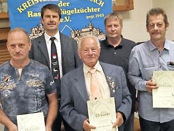 Mit der silbernen beziehungsweise goldenen Bundesnadel wurden vom Bund Deutscher Rassegeflügelzüchter geehrt (von links): Gerald Grosser, Kreisvorsitzender Klaus Ruppert, Franz Grosser, stellvertretender Kreisvorsitzender Rainer Bauer und Heinz Gärtlein.  Foto: Dieter Wolf