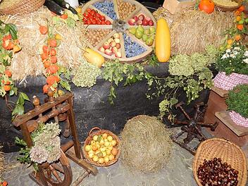 Traditionell mit Erntefrüchten dekoriert war die Bühne in der Festhalle. Foto: Horst Wunner
