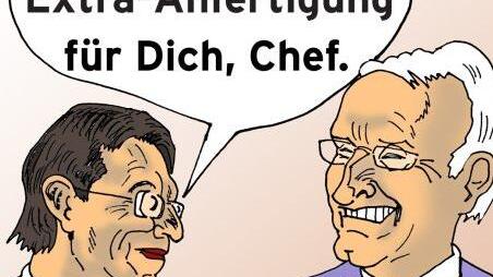 Ministerpräsident Edmund Stoiber besucht 2006 die Einkaukfsstadt Kulmbach. Karikatur: Jürgen Scheibe