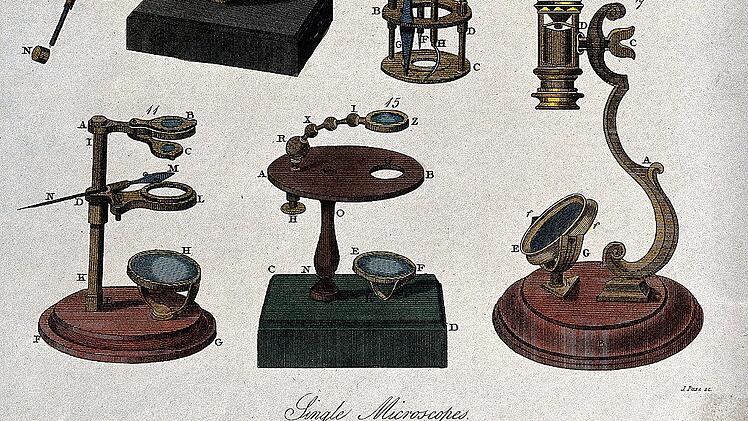 V0025378 Optics: a simple microscope. Coloured engraving by J. Pass,