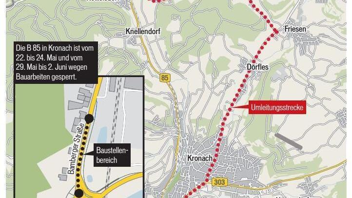 Für Asphaltierungsarbeiten muss die B 85 im Baustellenbereich ab 22. Mai voll gesperrt werden. Quelle: Staatliches Bauamt Bamberg / FT-Grafik: Carolin Höfler