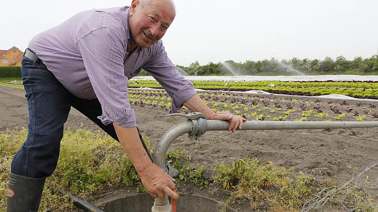 Pankraz Deuber pumpt Gießwasser aus dem Brunnen, um seine Gemüsefelder zu bewässern. Foto: Matthias Hoch