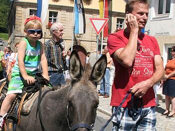 "Ich kann auf einen Esel reiten, aber von einem Pferd bin ich schon mal runtergefallen", erzählte Jakob Lauterbach (4) und genoss mit cooler Sonnenbrille und falsch herum aufgesetzter Schildmütze die Aufmerksamkeit der anderen Kellerfest-Besucher beim Festzug. Fotos: Sonja Adam