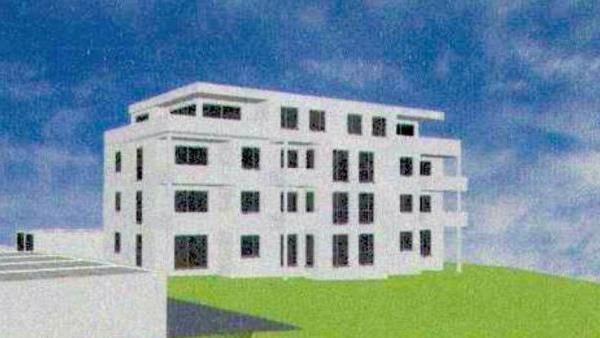 So soll der Neubau aussehen: vier Stockwerke und oben ein Penthouse mit Flachdach. Die Visualisierung aus dem Bauantrag wurde uns von der Stadt Kulmbach zur Verfügung gestellt.