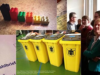 Collage / Fotos: Wahleimer (Twitter, Richard Gutjahr), Hochrechnung (Twitter, René Fischer), Wahlbrief (Instagram, Tobias Stich), Wahlzettel (Instagram, Christopher Schulz), Rathaus Bamberg (Twitter, Anna Lienhardt).