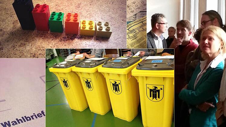 Collage / Fotos: Wahleimer (Twitter, Richard Gutjahr), Hochrechnung (Twitter, René Fischer), Wahlbrief (Instagram, Tobias Stich), Wahlzettel (Instagram, Christopher Schulz), Rathaus Bamberg (Twitter, Anna Lienhardt).