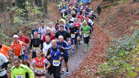 Mehr als 800 Läufer nahmen beim Zeiler Waldmarathon in vier verschiedenen Wettkämpfen die Herausforderung an. Da wurde es auf den schmalen Waldwegen schon mal eng, so wie hier kurz nach dem Start des Halbmarathons.