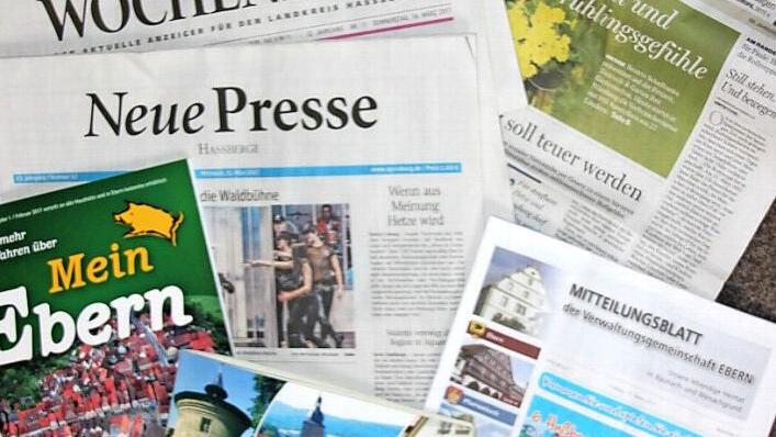 Viel gedruckte Informationen für so einen überschaubaren Werbemarkt: Im Bereich der Verwaltungsgemeinschaft Ebern buhlen mehrere Anbieter um die Anzeigen der Firmen aus der Region. Jeder möchte ein möglichst großes Stück vom Werbekuchen abhaben. Einige Agenturen auch im Auftrag der Verwaltungsgemeinschaft. Foto: Ralf Kestel