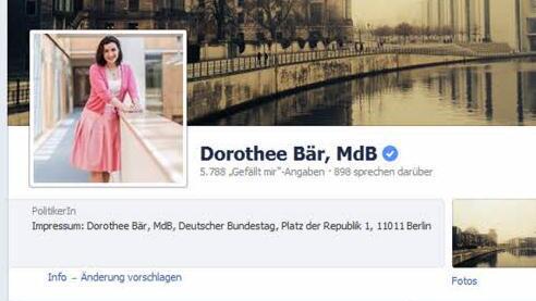 Staatssekretärin Dorothee Bär aus Ebelsbach nutzt das soziale Netzwerk Facebook regelmäßig. 5788 Menschen folgen ihrem Profil. Foto: Screenshot