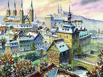 Das weihnachtliche Bamberg: auch dieses Aquarell von Günter Heinz ist im "Bamberger Weihnachtsbuch" zu sehen.  Veste Verlag Roßteutscher