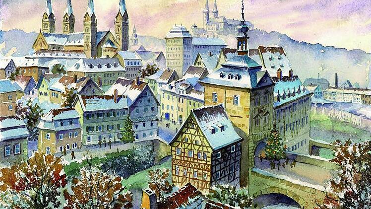 Das weihnachtliche Bamberg: auch dieses Aquarell von Günter Heinz ist im "Bamberger Weihnachtsbuch" zu sehen.  Veste Verlag Roßteutscher
