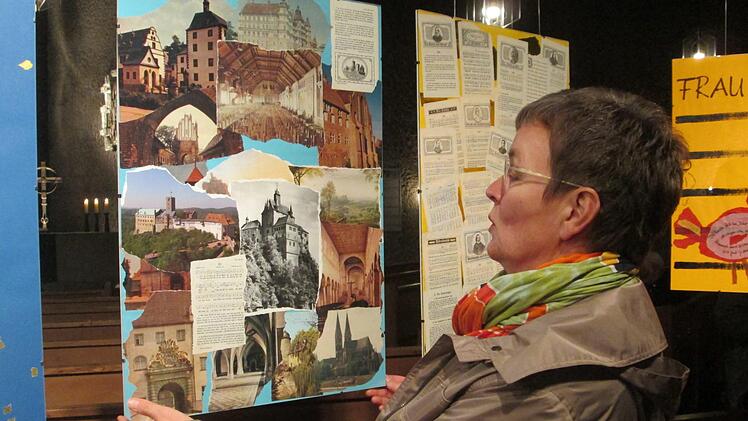 Katharina Bernhardt (Foto), die Gattin des evangelischen Militärgeistlichen, wartete in St. Michael mit einer Ausstellung von Luther-Liedern und Collagen auf. Foto: Winfried Ehling