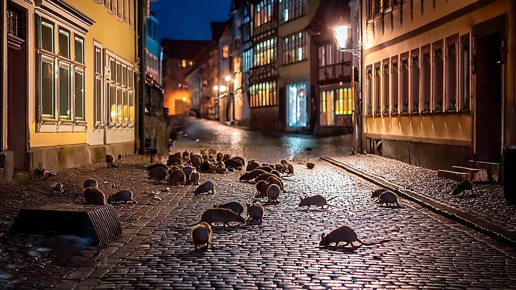 vielen ratten kriechen in der stadt hameln über den boden wie in einem horrorfilm, gruselige stimmung in der nacht
