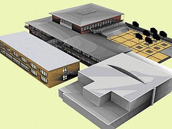 Der Komplex der Realschule Ebrach im Architektenentwurf von 2012: Im Vordergrund die Sporthalle - damals noch nicht in die Planungen einbezogen - , links der bereits neu erstellte Anbau, hinten das Haupthaus, dessen Sanierung noch läuft. Entwurf: Architekturbüro Heinz