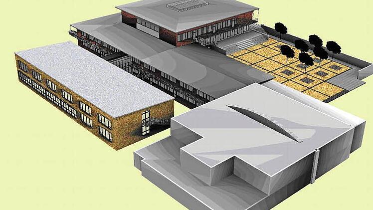 Der Komplex der Realschule Ebrach im Architektenentwurf von 2012: Im Vordergrund die Sporthalle - damals noch nicht in die Planungen einbezogen - , links der bereits neu erstellte Anbau, hinten das Haupthaus, dessen Sanierung noch läuft. Entwurf: Architekturbüro Heinz