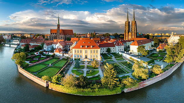 Wroclaw aerial drone panoramic shot of the old town.