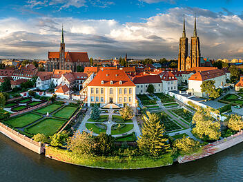 Wroclaw aerial drone panoramic shot of the old town.