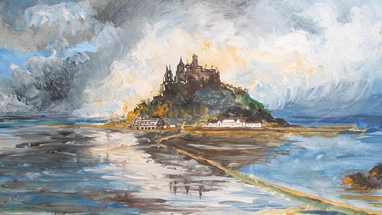 Die Abtei Mont-Saint-Michel in Basse-Normandie hat Ilse Pfitzner stark beeindruckt. Sie liegt im Wattenmeer - Ilse Pfitzner hat Eindrücke bei einem Hagelsturm und Flug auf Leinwand gebannt. Noch bei der Vernissage wurde das Bild verkauft