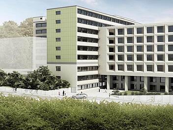 Mit dem "Neubau Süd" beginnt das nächste Bauprojekt am Klinikum, für das Investitionen von über 120 Millionen Euro vorgesehen sind. Der hell markierte Körper (links) auf dem bisherigen Vorplatz des Klinikums stellt den Interimsbau dar, wo übergangsweise unter anderem 90 Patientenbetten Platz finden. Foto: Klinikum