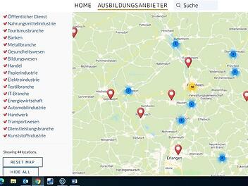 Auf einer interaktiven Karte lassen sich die Ausbildungsbetriebe nach Branchen sortieren.