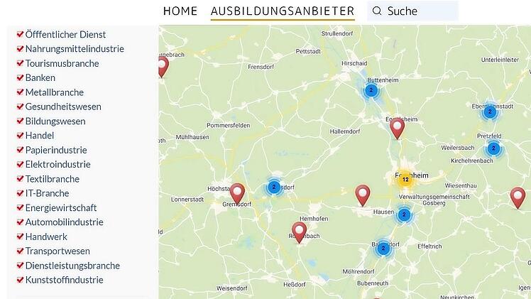 Auf einer interaktiven Karte lassen sich die Ausbildungsbetriebe nach Branchen sortieren.