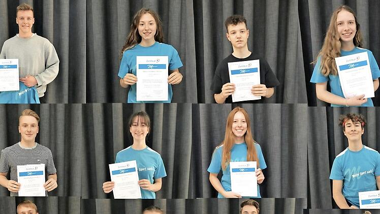 Die erfolgreichen Absolventen des Sport-Mentoren-Programms am Alexandrinum (von links oben): Nils Schäfer, Martha Heine, Jonas König, Veronika Janzen, Jonas Hümmer, Melina Mentis, Antonia Heigl, Paul Bartenstein, Tom Hanstein, Marie Volk, David Behr und Lisa Keller (alle Q12)  Foto: Diana Atzpodien