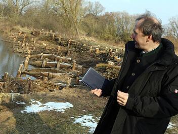 Hans-Joachim Rost steht am befestigten Uferabschnitt, der einige Sommer lang ein beliebter "Hundestrand" war. Fotos: Matthias Hoch