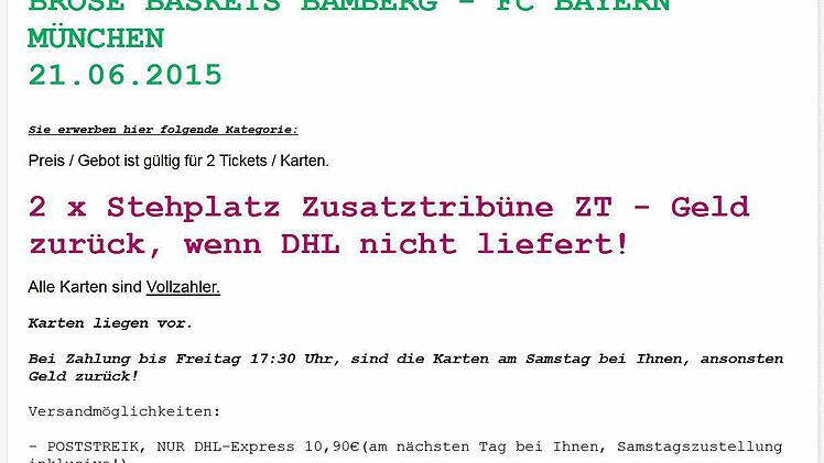 Auf Ebay wurden am Freitag zwei Stehplatz-Karten angeboten. Screenshot: eBay