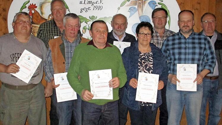 Mit der "goldenen Nadel" des Landesverbandes ausgezeichnete Vereinsmitglieder des Kleintierzuchtvereins Roth u. Umg.: (v. li.) Hans Mahr, Georg Herbst, Ernst Mahr, Werner Kirschner, Lorenz Funk, Ruth Tremel, Hans Ru&szlig;, Stefan Finzel und Vorstand Andreas Tremel.  Foto: privat