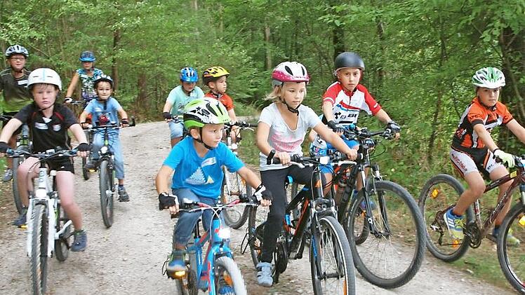 Eine Gruppe von Bikern radelt hier auf einem breiten Waldweg. Foto: Alfred Thieret