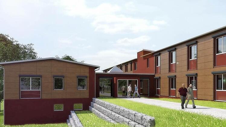 Das Seniorenhaus Thulbatal: Der Komplex besteht aus dem Verwaltungsgebäude (links), dem Zwischenbau mit Haupteingang (Mitte) sowie dem Haupthaus mit den Zimmern (rechts). Die Farbe der Fassadenplatten fällt allerdings heller aus. Fotos: Architekturbüro Planwerk